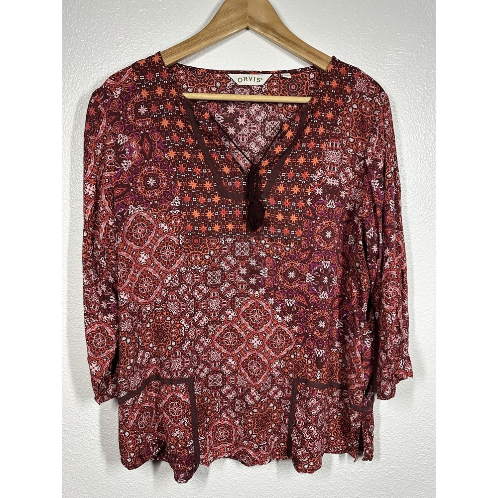 Orvis Shirt Womens Large Red Orange Boho Peasant Tunic Paisley 3/4 Sleeve